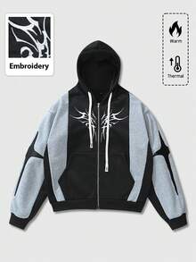 ROMWE MEN Street Life Unisex Embroidered Patchwork Hoodie Sweatshirt, Casual Design For Autumn/Winter - Black - View 4