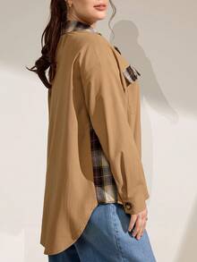 Momelise Plus Size Khaki Plaid Patchwork Blouse Wrinkle Resistant Woven Fabric Regular Length Shirt - Khaki - View 6