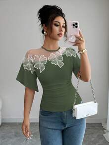 Selianne 女士优雅通勤网眼拼布 3D 花卉装饰 T 恤 - 軍綠色 - 查看 1