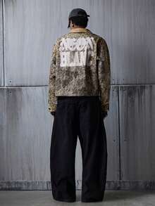 NEON BLANC Men's Leopard Print Letter Graphic Zip-Up Long Sleeve Denim Jacket - Brown - View 3