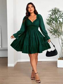 Vionelle Vestido de fiesta con mangas abullonadas, escote en V y ajuste ceñido para tallas grandes - Verde Oscuro - Ver 7