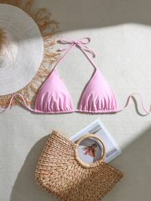 Swim Mod 1pc Plus Size Women Holiday Casual Solid Color Halter Neck Sexy Triangle Cup Swimwear Top For Summer Beach Vacation - Baby Pink - View 3