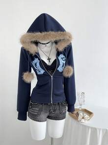 Elamini Áo sweatshirt dài tay ôm dáng màu xanh hải quân in số 96, cổ lông xù, có quả bông trang trí, khóa kéo phía trước, dành cho nữ, phong cách thường ngày, đa năng, phù hợp cho mùa thu/đông, tối giản. - Màu xanh hải quân - Xem 1