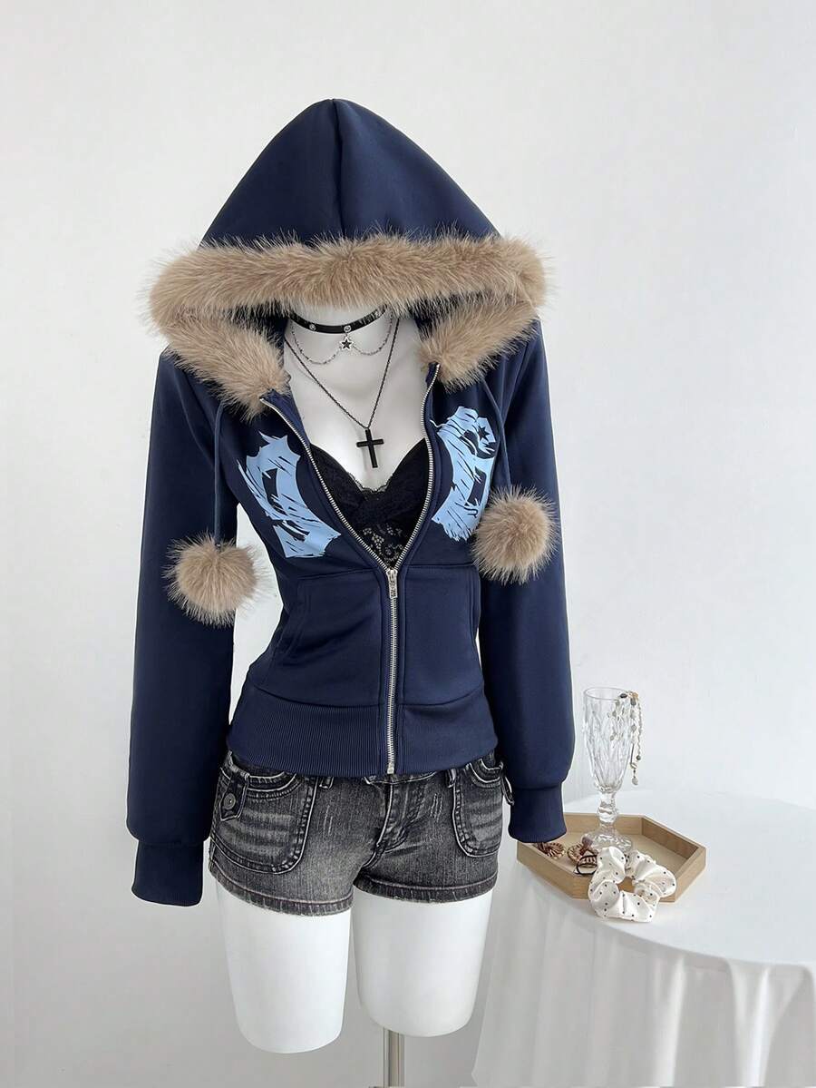 Elamini Áo sweatshirt dài tay ôm dáng màu xanh hải quân in số 96, cổ lông xù, có quả bông trang trí, khóa kéo phía trước, dành cho nữ, phong cách thường ngày, đa năng, phù hợp cho mùa thu/đông, tối giản. - Màu xanh hải quân - Xem 1