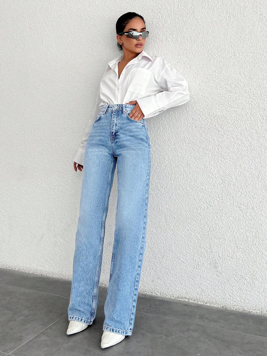 EURMUSE Petite 100%Cotton High Waist Wide Leg Jeans Jeans Wide Leg Cowgirl Jeans Jeans High Waist Jeans Y2k Western Jeans 2000s Style  Jeans For Womem - Light Wash - View 1