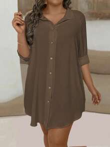 EMERY ROSE Plus Size Women's Casual Solid Color Button-Down Long Shirt Fall - Coffee Brown - View 6