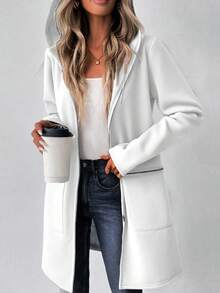 SHEIN LUNE 女式秋季长袖连帽夹克，落肩，卫衣材质，拉链装饰，中长款，休闲 - 白色 - 查看 4