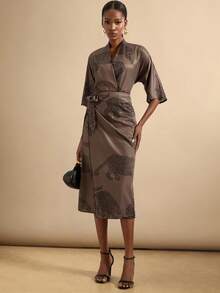 Vesra Women's Elegant V-Neck Criss-Cross Tie Bow Leopard Animal Print Long Sleeve Midi Dress, Versatile For Commute, Vacation And All Seasons - Multicolor - View 5