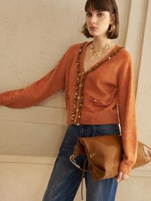 Arave 女式宽松夏尔巴面料开衫，亮片装饰设计，时尚休闲 - 橘色 - 查看 6