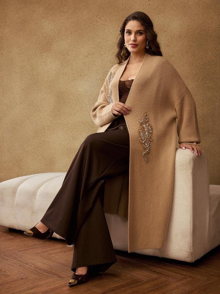 PLUS SIZE WOMEN ELEGANT SEQUIN & FAUX PEARL DECO DROP SHOULDER LOOSE CARDIGAN, AUTUMN/WINTER