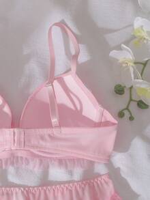 DelicateAllure 2pcs Contrast Color Satin 3/4 Cup Underwire Padded Push Up Balconette Bra Set,Ruchedd Trim, Bow Decor, Comfortable Triangle Cup Women Lingerie Set Pink Lingerie Kawaii Lingerie