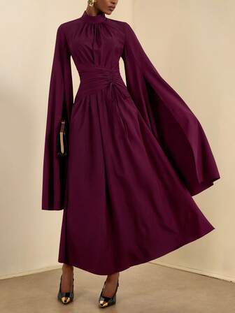 SHEIN Veneréa 纯色褶皱领修身优雅长袖连衣裙