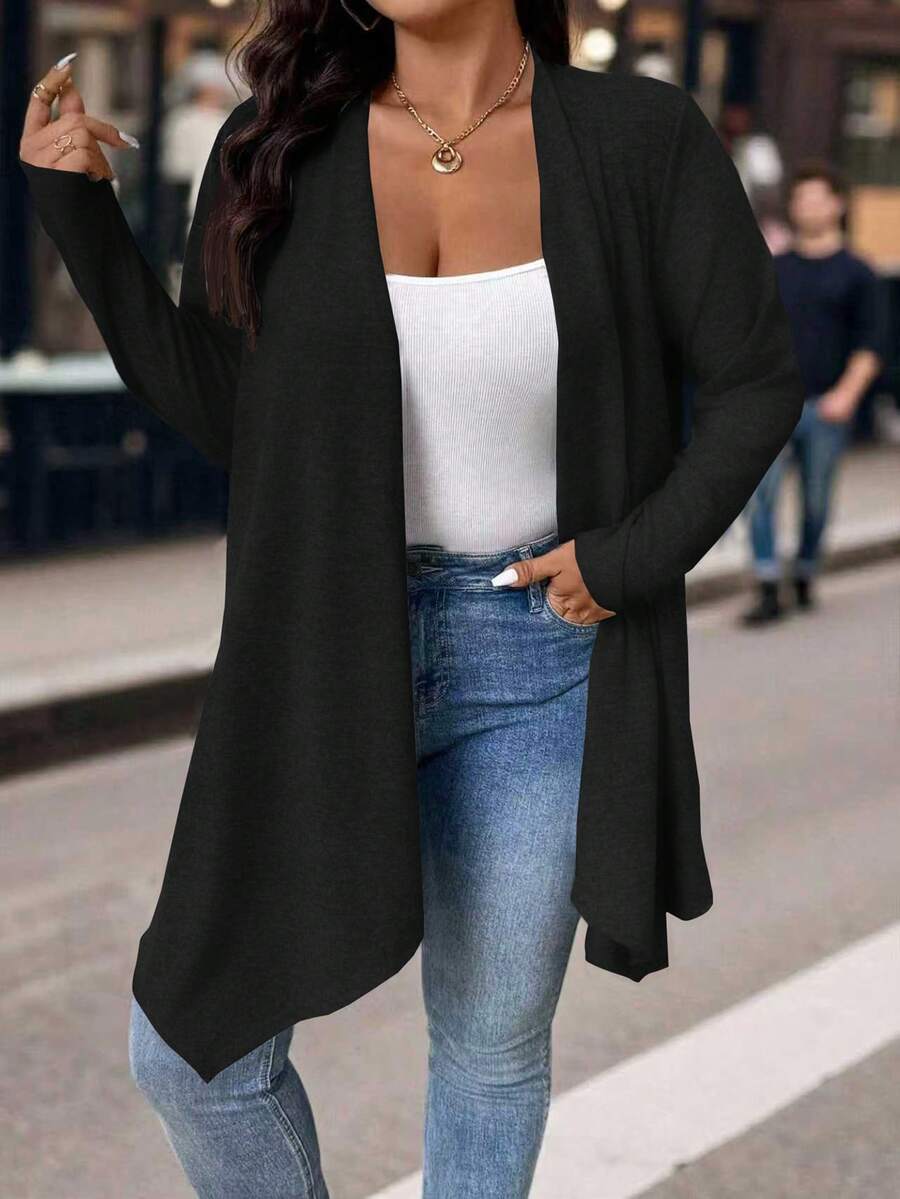 EMERY ROSE Cardigan Casual de Uso Diário Solto com Bainha Assimétrica Preta para Mulheres Plus Size - Preto - Visão 1