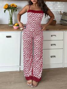 Sweet Ins Colorblock Leopard Print & Lace Patchwork Women Pajama Set Pink Pajamas Set Animal Print Pajama Set Pink Leopard Print Pajamas - 勃根地 - 查看 5