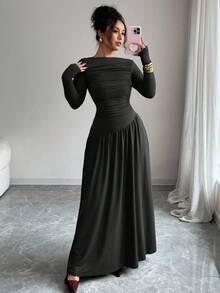 Elenzga 女士牛奶丝针织弹力露肩褶前腰 A 字宽松长袖超长连衣裙，优雅法式浪漫风格，适合办公室、休闲、派对、春/秋/冬 - 黑色 - 查看 3