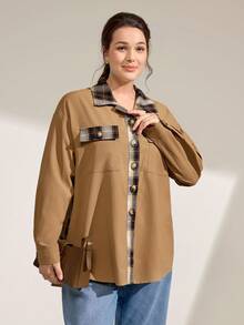 Momelise Plus Size Khaki Plaid Patchwork Blouse Wrinkle Resistant Woven Fabric Regular Length Shirt - Khaki - View 3