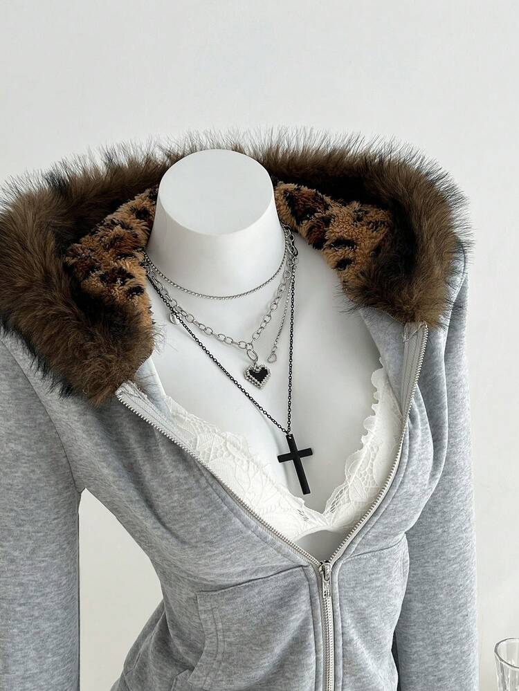 Elamini Veste à capuche doublée thermique en fausse fourrure grise à imprimé léopard pour femmes, avec poches. Chaude et élégante pour les trajets, les tenues décontractées, l'école, le travail, tous les jours, automne/hiver