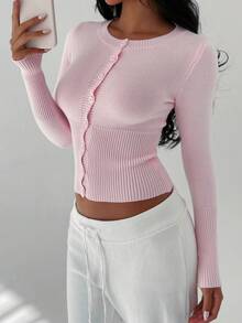 FavEase Women's Solid Color Casual Fitted Knit Cardigan, Versatile For Autumn - Baby Pink - View 6