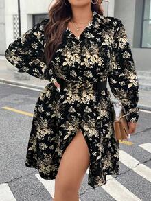 SHEIN Clasi Plus Size Long Sleeve Belt Buckle Decor Waist A-Line Minimalist Commuting Casual Midi Dress - Multicolor - View 4