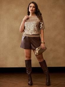 MOTF PREMIUM 亮片插肩短袖针织上衣 - 卡其色 - 查看 4