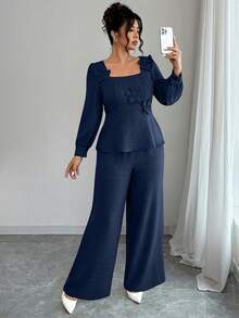 Elenzga Plus Size Women 3D Floral Decor Square Collar Blouse And Wide Leg Pants Elegant 2 Pieces Set - Navy Blue - View 4