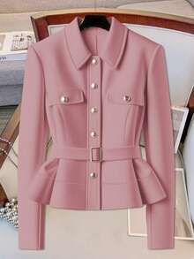 GlowEve CURVE Plus Size Elegant Solid Color Belted Jacket, Suitable For Commuting - Dusty Pink - View 3