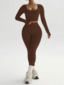 Slayform 女士纯色无缝圆领高弹力运动服套装，春秋季棕色瑜伽套装，棕色两件套健身套装 - 棕色 - 查看 5
