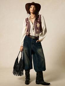 SoleilVie Áo khoác vest nhẹ hở trước thêu hoa dành cho nữ - Bụi tím - Xem 4