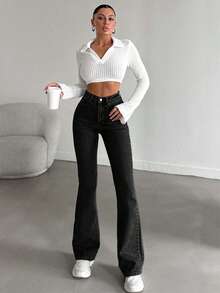 SHEIN Tall TALL 98%Cotton Black Casual Flare Jeans With Slanted Pockets Jeans Wide Leg Pants Flare Leg Low Rise Jeans Y2k Boot Cut Jeans Flared Jean - Black - View 5