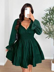 Vionelle Vestido de fiesta con mangas abullonadas, escote en V y ajuste ceñido para tallas grandes - Verde Oscuro - Ver 5