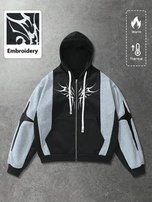 ROMWE MEN Street Life Unisex Embroidered Patchwork Hoodie Sweatshirt, Casual Design For Autumn/Winter - Black - View 3