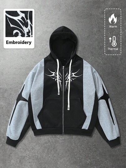 Street Life Felpa con cappuccio ricamata e patchwork unisex, design casual per autunno/inverno