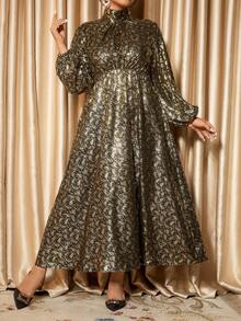 Cravure Váy dài tay cổ tròn họa tiết lá vàng thanh lịch cỡ lớn dành cho nữ, thích hợp để đi làm và dự tiệc - Vàng - Xem 7