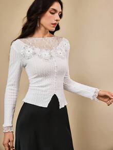 Omancia Camiseta básica de mujer con flores de lentejuelas y peluche, otoño/invierno - Blanco - Ver 6