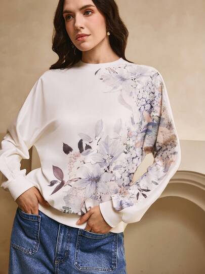 Omancia Women's Elegant Christmas/New Year/Thanksgiving Floral Print Long Sleeve Sweatshirt, Fashion Winter Top