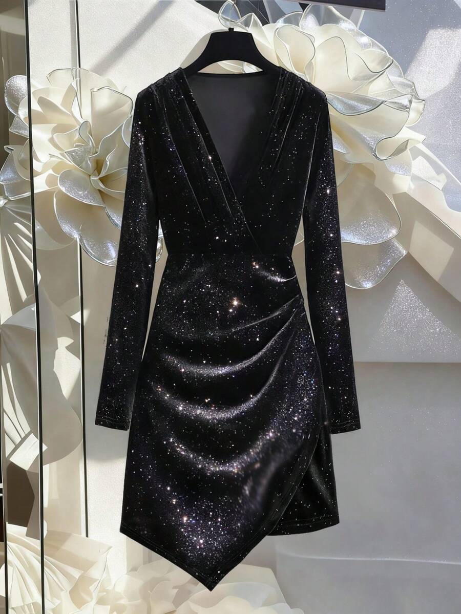 Franclia Black Velvet Sequin V-Neck Long Sleeve Bodycon Dress With Asymmetrical Hem, Suitable For Formal Events And Parties - Black - View 1