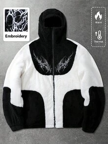 ROMWE MEN Áo khoác nam dài tay có mũ, kiểu Gothic, phối nhiều mảnh vải, thêu họa tiết, phong cách đường phố, thích hợp cho mùa Thu/Đông. - Đen và trắng - Xem 3