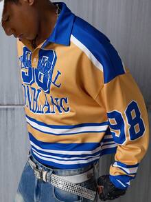 NEON BLANC Men's Casual Commuter Street Letter & Stripe Print Drop Shoulder Long Sleeve T-Shirt - Yellow - View 5