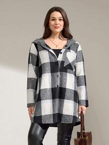 Momelise Plus Size Casual Plaid Hooded Jacket, Autumn/Winter - Black and White - View 6