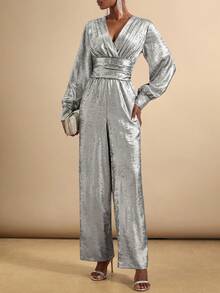 SHEIN Veneréa Women's Pleated Design Long Sleeve Cinched Waist Jumpsuit - Silver - View 4