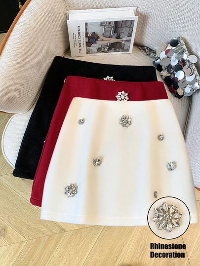 GlowEve Shiny Tweed Rhinestone Embellished A-Line Short Skirt For Women
