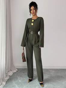 Elenzga Metall Dekor Knopf Taille Langarm Jumpsuit - Armeegrün - Übersicht 5