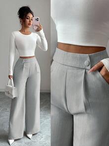 Elenzga Pantalones rectos sueltos y fluidos de tela de bambú rosa con diseño de hebilla de superposición frontal en la cintura, elegante uniforme de maestro, profesional y casual, esencial para Acción de Gracias y Halloween - Gris - Ver 1