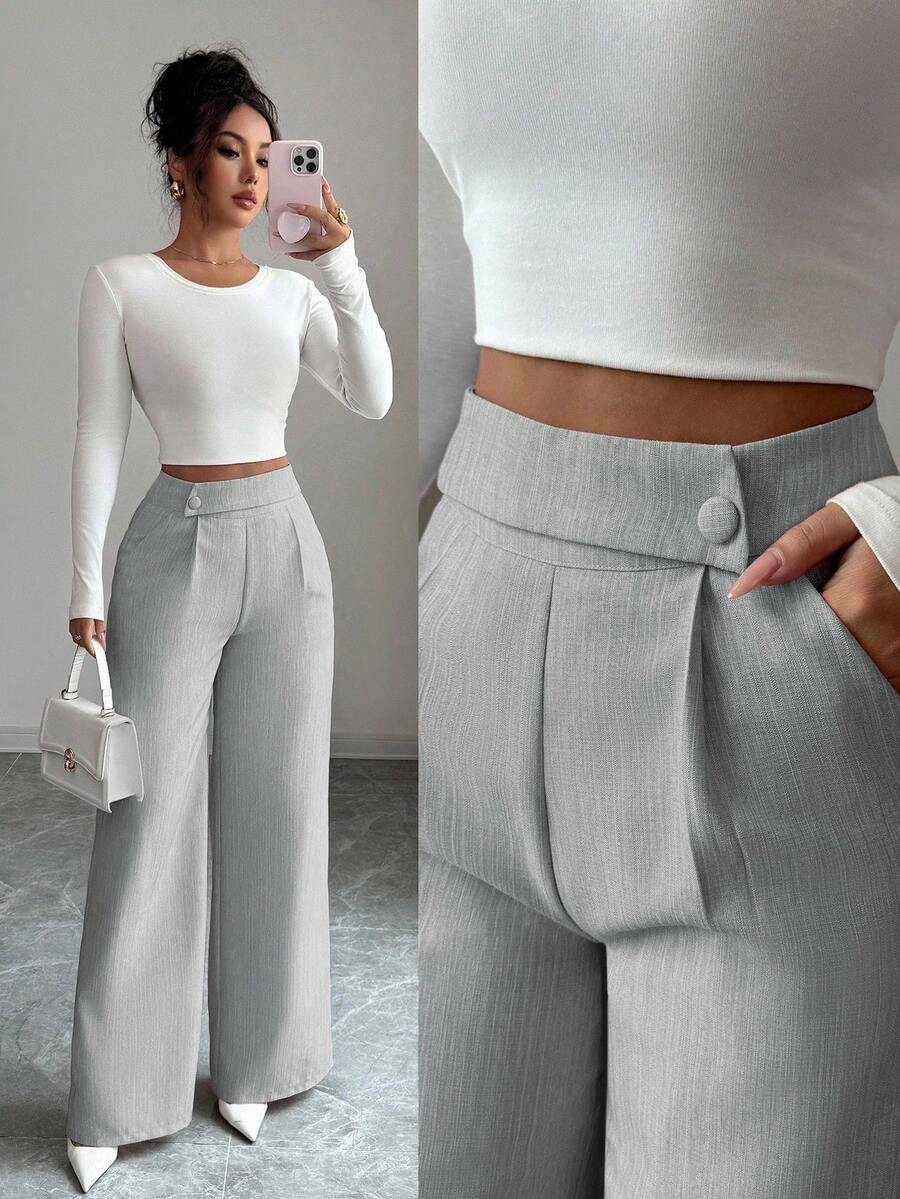 Elenzga Pantalones rectos sueltos y fluidos de tela de bambú rosa con diseño de hebilla de superposición frontal en la cintura, elegante uniforme de maestro, profesional y casual, esencial para Acción de Gracias y Halloween - Gris - Ver 1