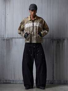 NEON BLANC Men's Leopard Print Letter Graphic Zip-Up Long Sleeve Denim Jacket - Brown - View 1