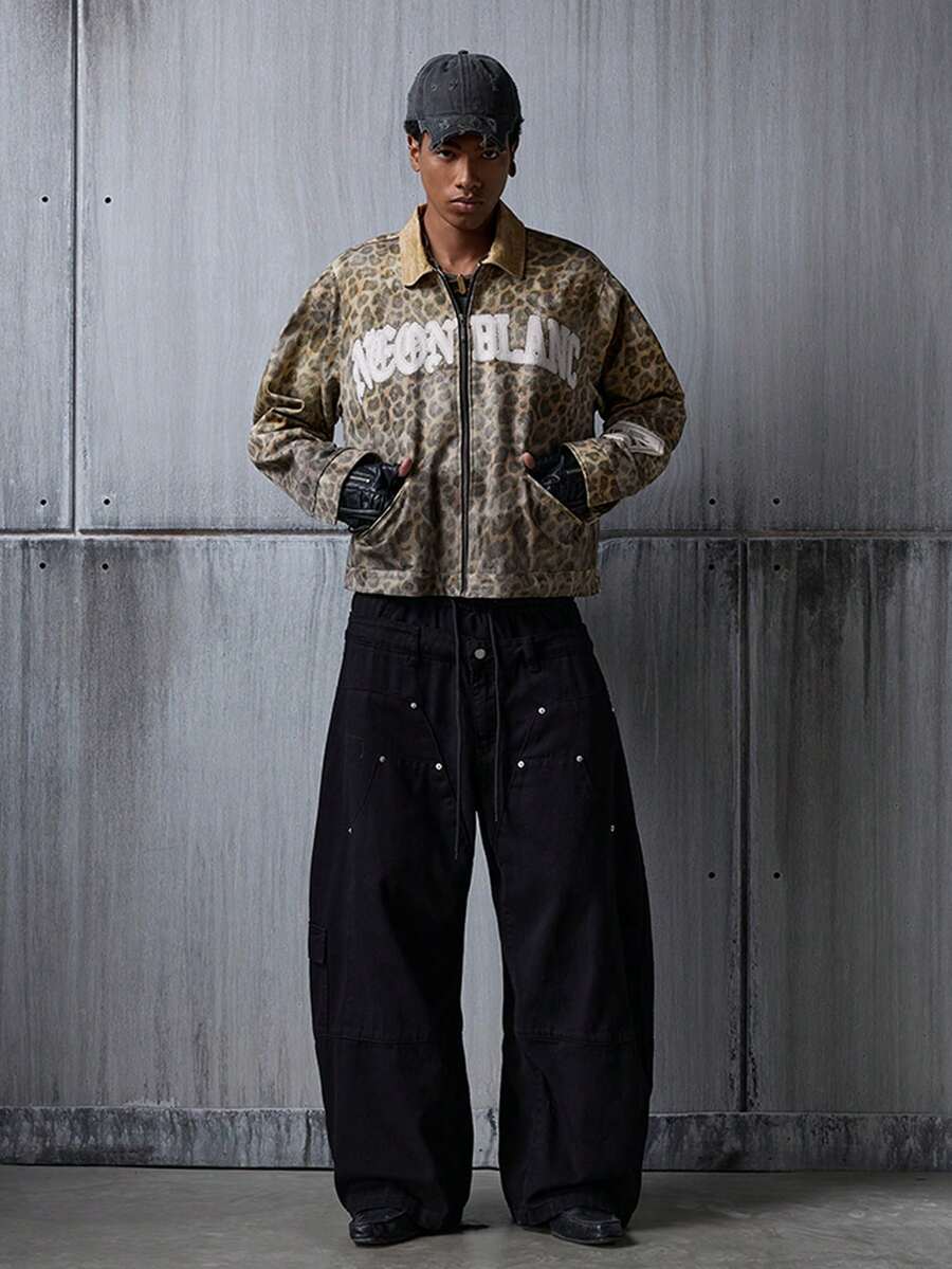 NEON BLANC Men's Leopard Print Letter Graphic Zip-Up Long Sleeve Denim Jacket - Brown - View 1