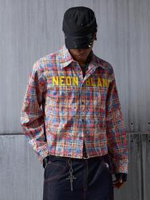 NEON BLANC Men's Letter & Plaid Print Pink Long Sleeve Denim Shirt - Multicolor - View 2