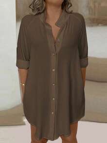 EMERY ROSE Plus Size Women's Casual Solid Color Button-Down Long Shirt Fall - Coffee Brown - View 1