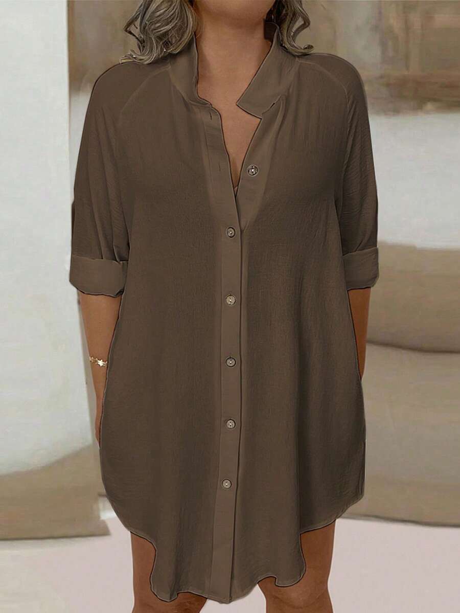 EMERY ROSE Plus Size Women's Casual Solid Color Button-Down Long Shirt Fall - Coffee Brown - View 1
