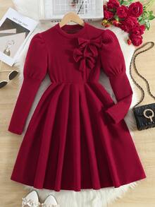 Sparklyn Girls' Elegant Sweet Designbowknott Decor Textured Knit Long Sleeve Dress, Suitable For Daily Gatherings - Burgundy - View 3